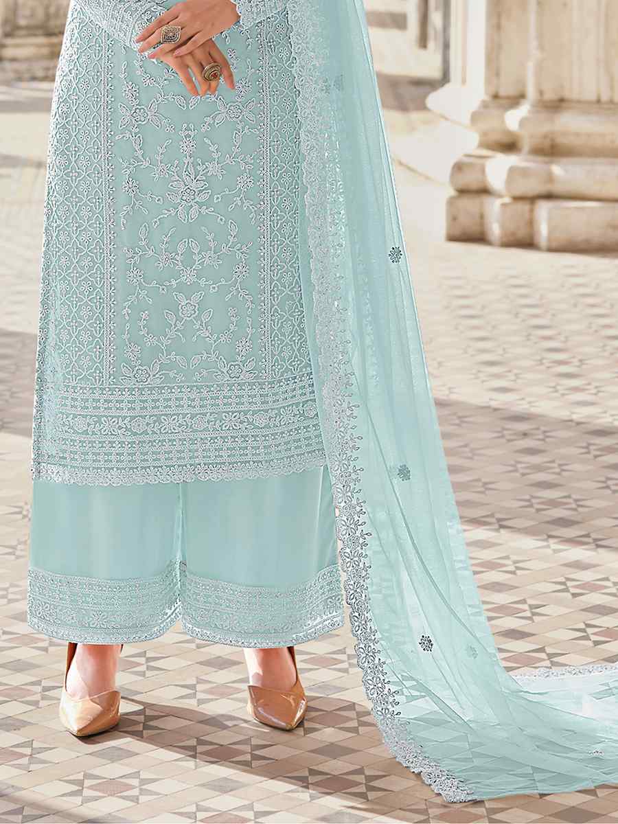 Sky Heavy Butterfly Net Embroidered Party Palazzo Pant Salwar Kameez