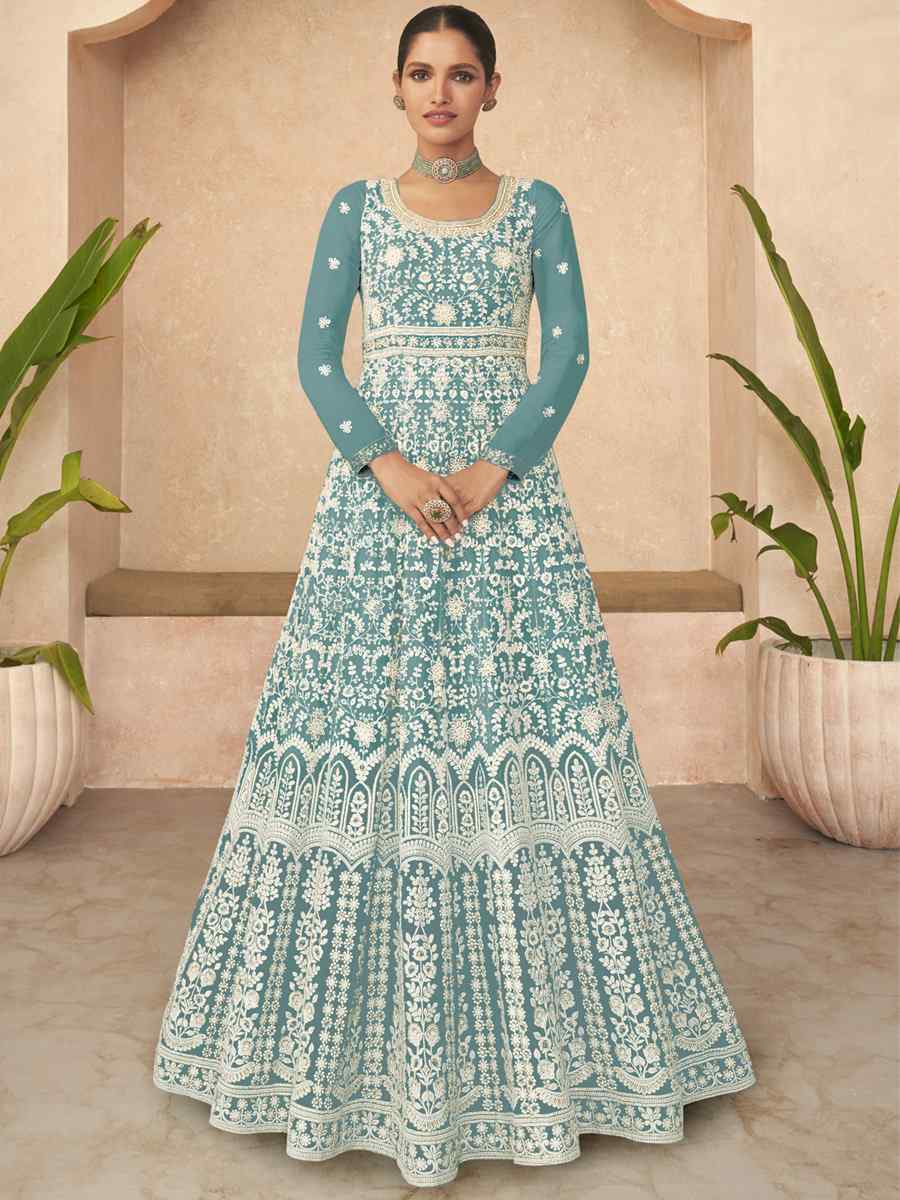 Sky Heavy Faux Georgette Embroidered Festival Wedding Anarkali Salwar Kameez