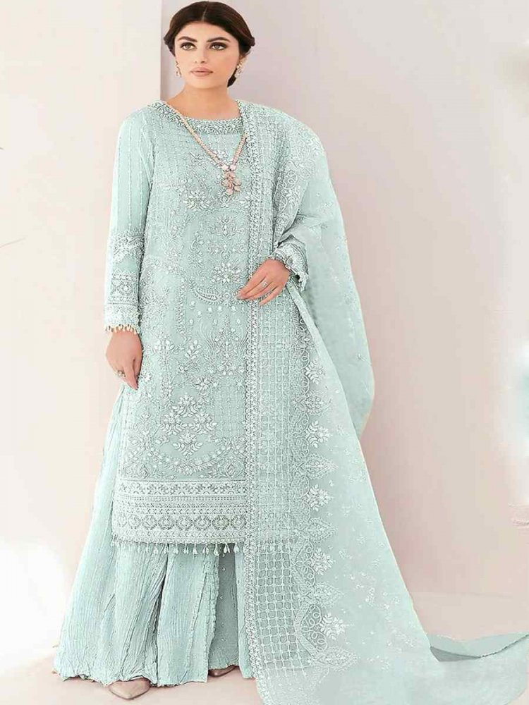 Sky Heavy Faux Georgette Embroidered Festival Wedding Palazzo Pant Salwar Kameez