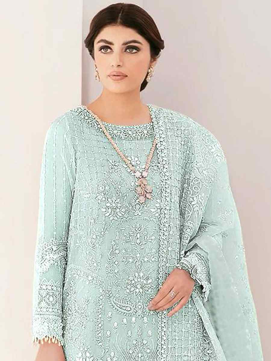 Sky Heavy Faux Georgette Embroidered Festival Wedding Palazzo Pant Salwar Kameez