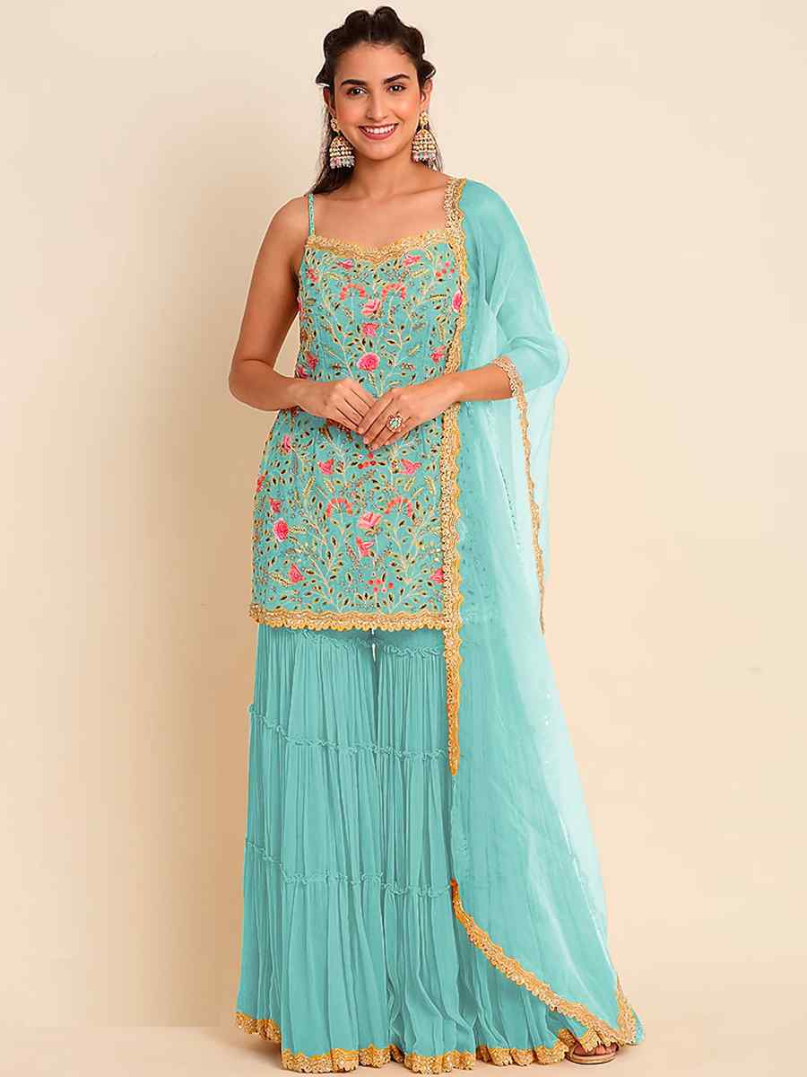 Sky Heavy Faux Georgette Embroidered Party Festival Palazzo Pant Salwar Kameez