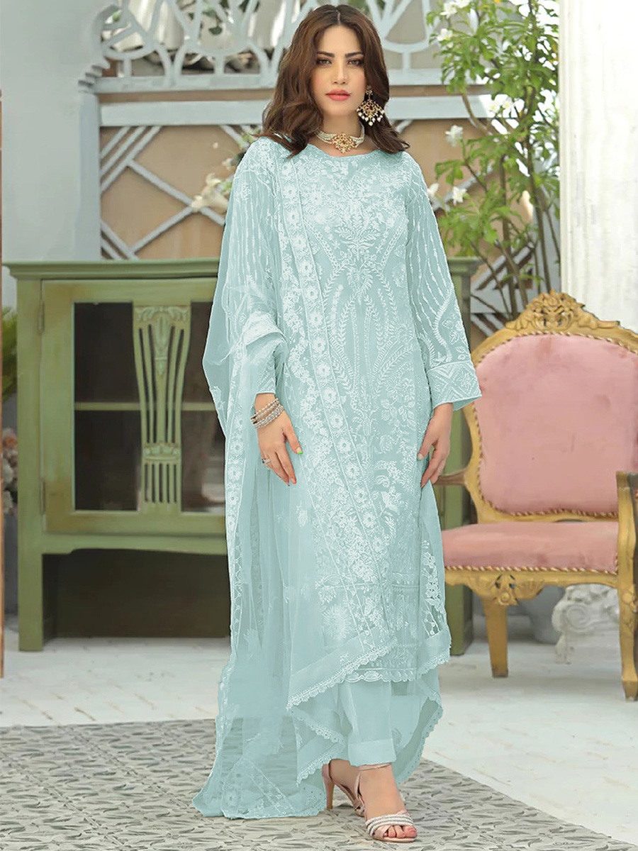 Sky Heavy Faux Georgette Embroidered Party Festival Pant Salwar Kameez