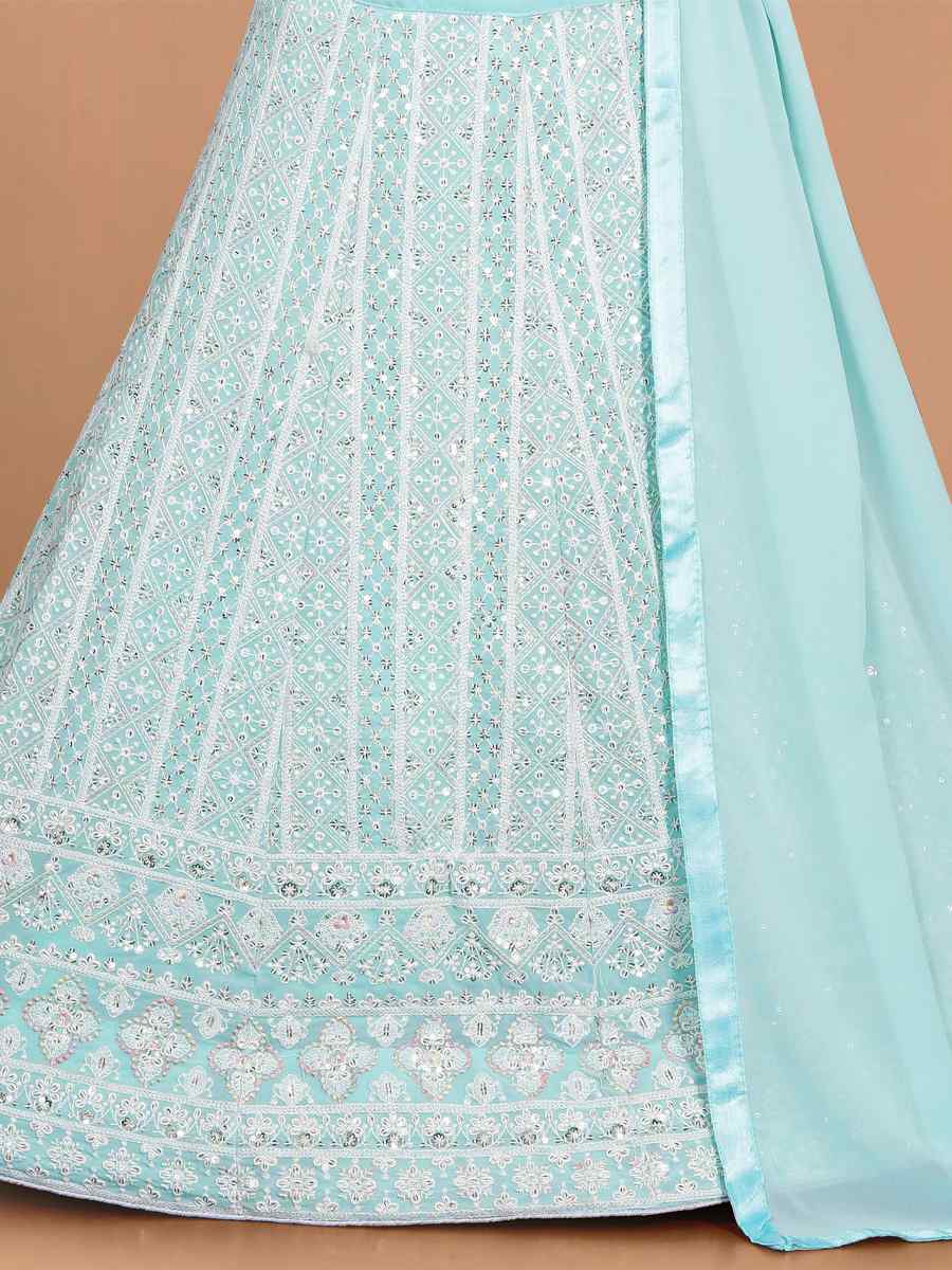 Sky Heavy Faux Georgette Embroidered Wedding Festival Lehengas Girls Wear
