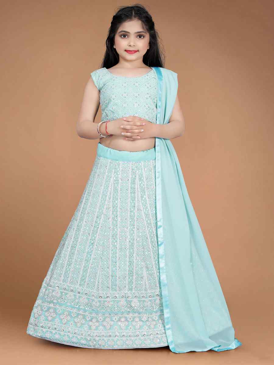 Sky Heavy Faux Georgette Embroidered Wedding Festival Lehengas Girls Wear