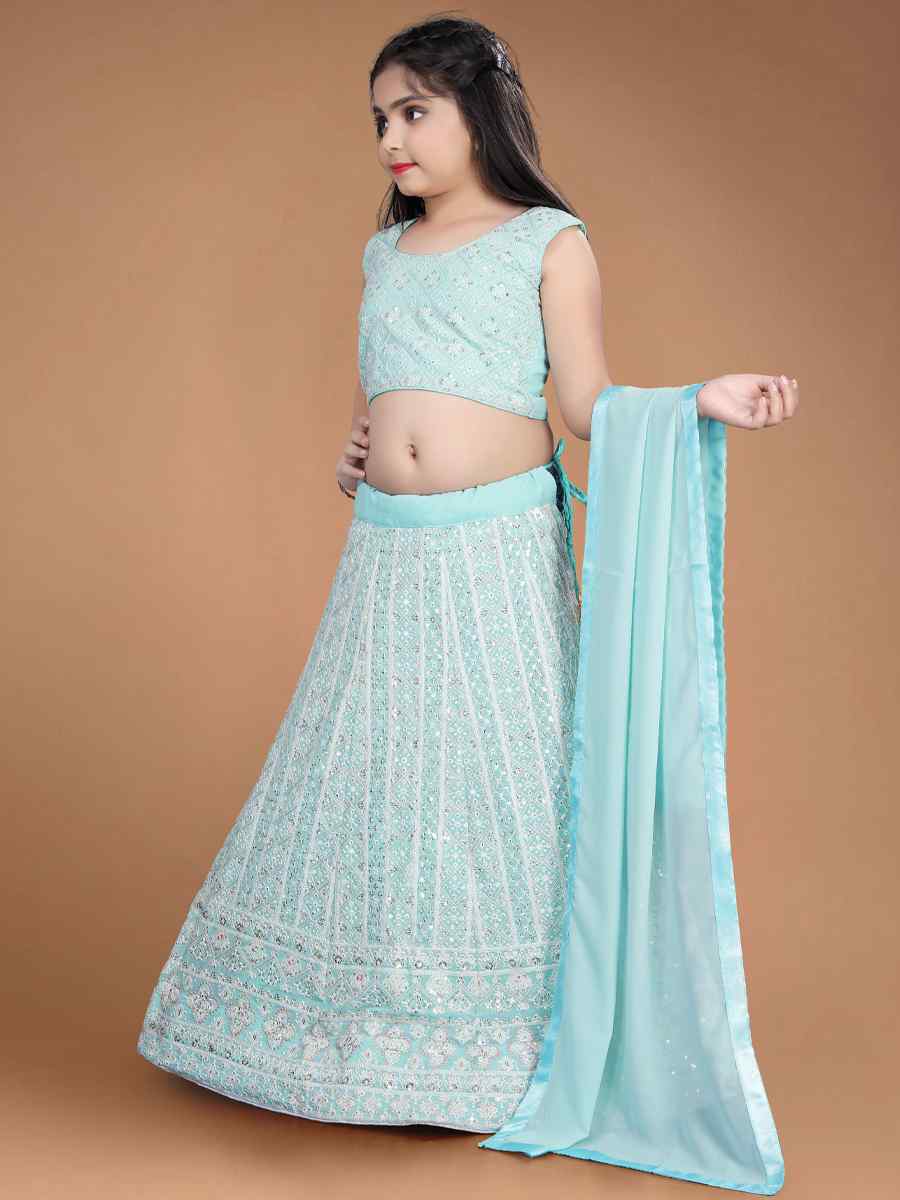 Sky Heavy Faux Georgette Embroidered Wedding Festival Lehengas Girls Wear