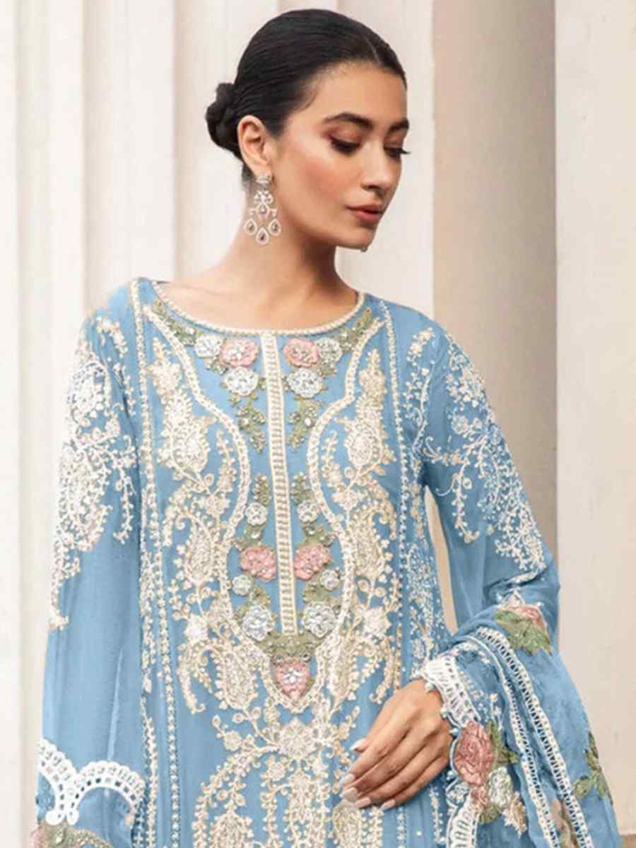 Sky Heavy Fox Georgette Embroidered Festival Wedding Pant Salwar Kameez