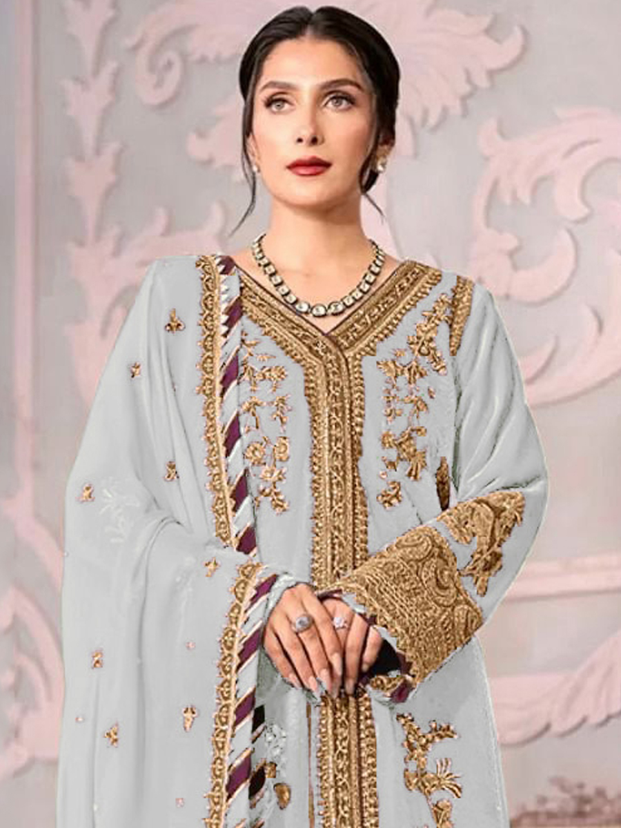 Sky Heavy Georgette Embroidered Festival Wedding Pant Salwar Kameez