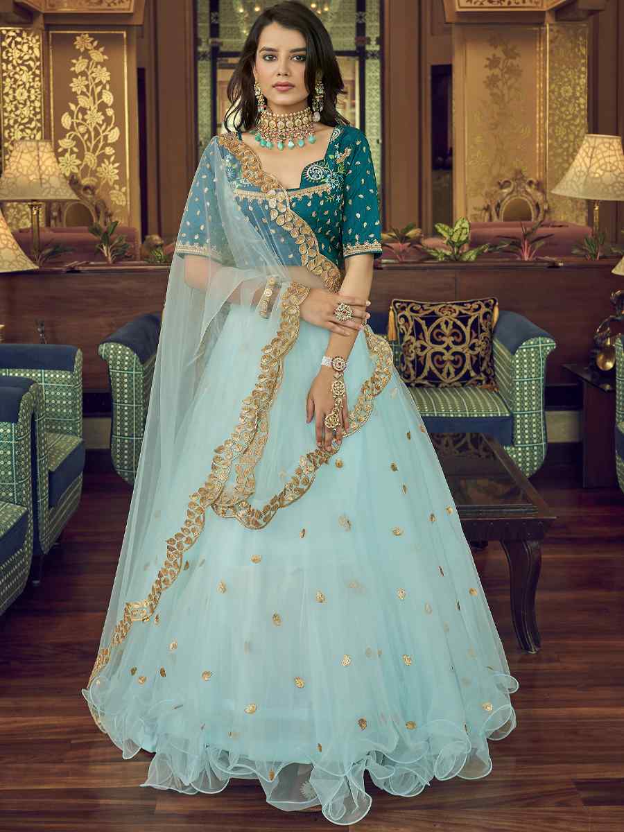 Sky Heavy Nylon Net Embroidered Party Wear Festival Circular Lehenga Choli