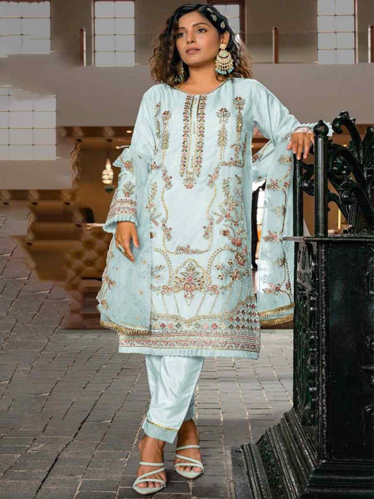 Sky Heavy Organza  Embroidered Festival Casual Pant Salwar Kameez