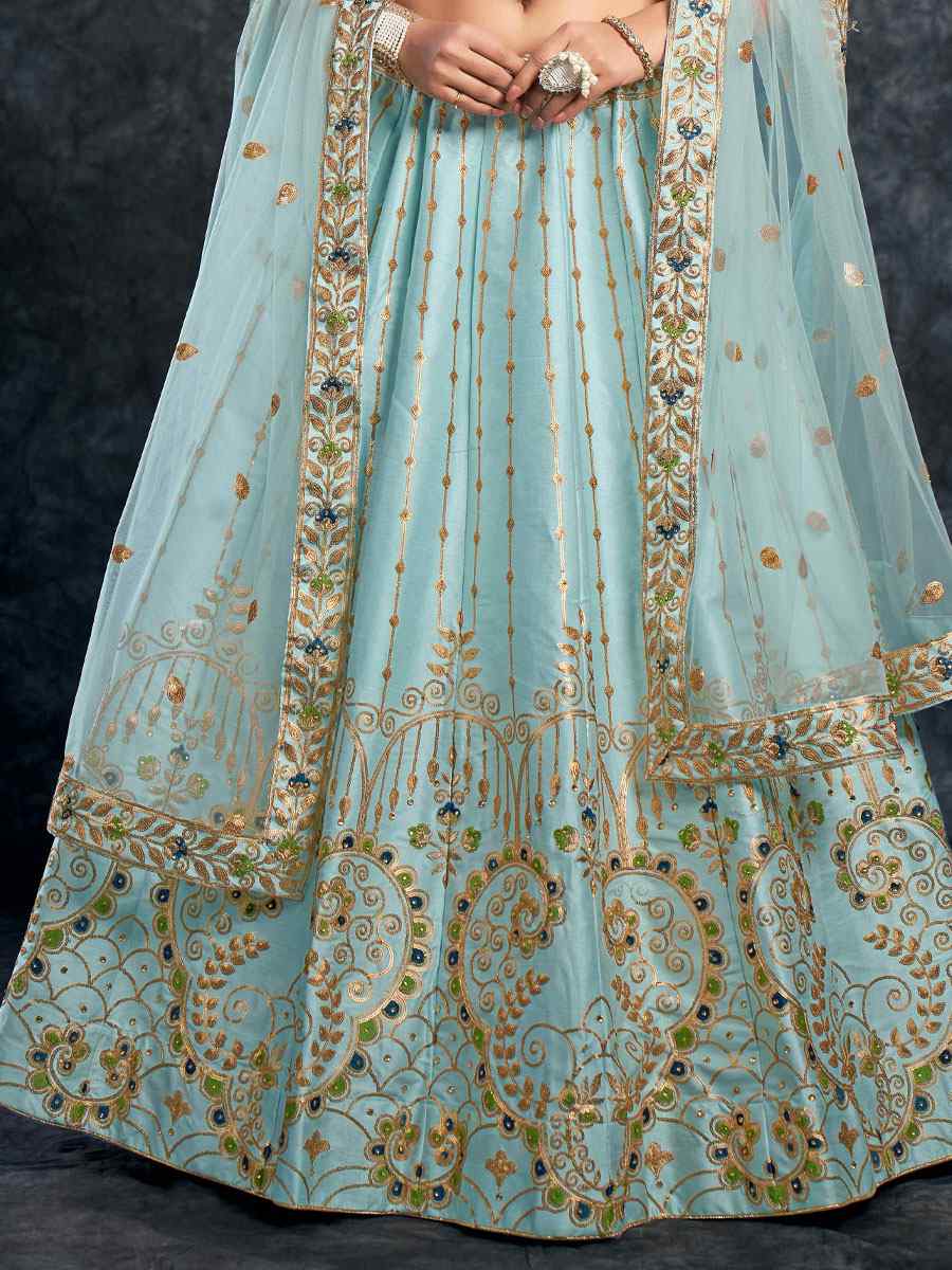 Sky Italian Silk Embroidered Wedding Festival Heavy Border Lehenga Choli