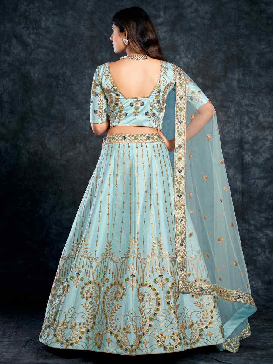 Sky Italian Silk Embroidered Wedding Festival Heavy Border Lehenga Choli