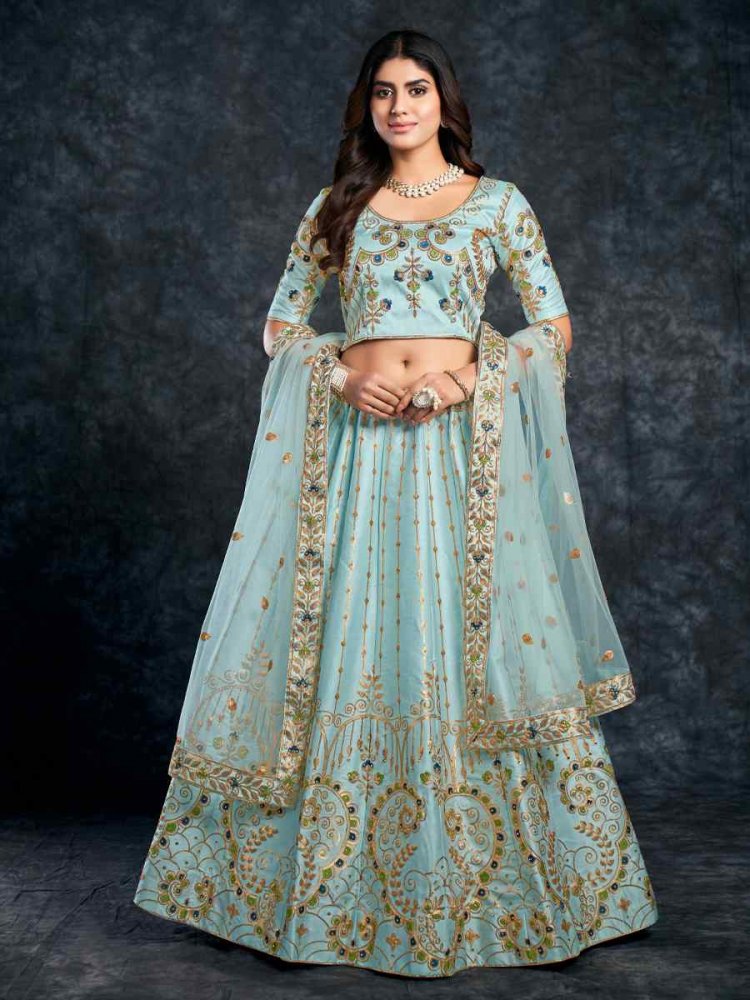 Sky Italian Silk Embroidered Wedding Festival Heavy Border Lehenga Choli