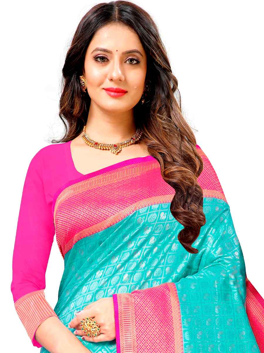 Sky Jacquard Handwoven Wedding Festival Heavy Border Saree