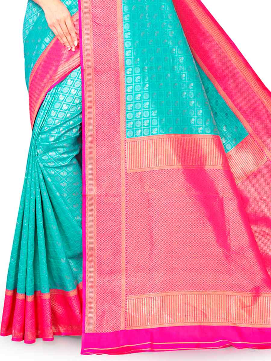 Sky Jacquard Handwoven Wedding Festival Heavy Border Saree