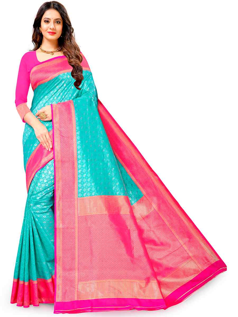 Sky Jacquard Handwoven Wedding Festival Heavy Border Saree