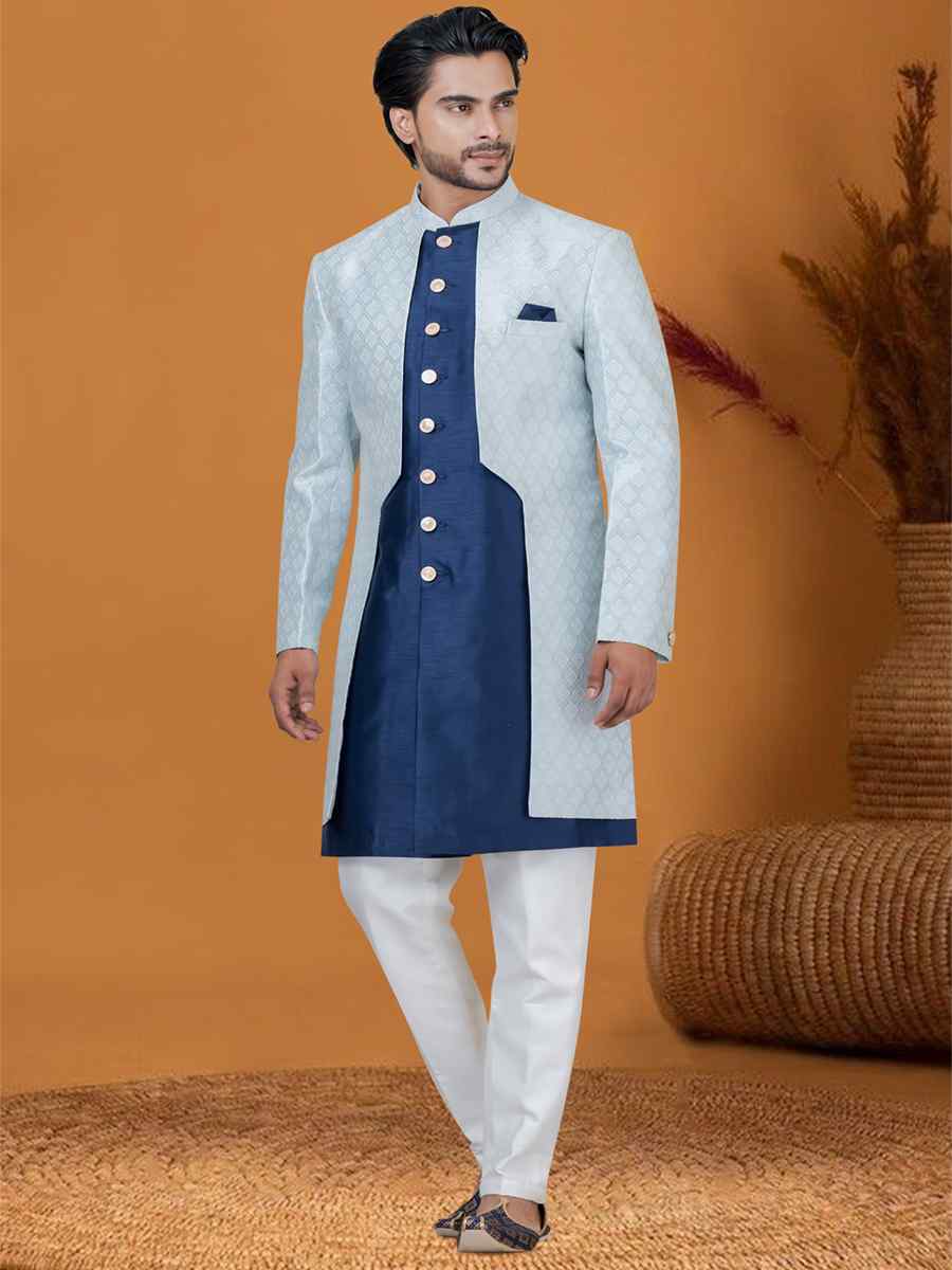 Sky Jacquard Silk Woven Groom Wedding Sherwani