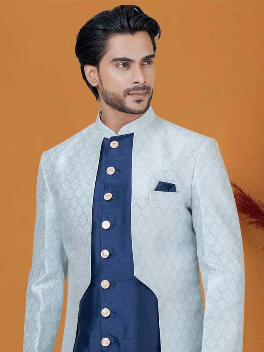Sky Jacquard Silk Woven Groom Wedding Sherwani