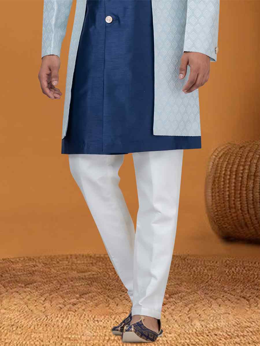 Sky Jacquard Silk Woven Groom Wedding Sherwani