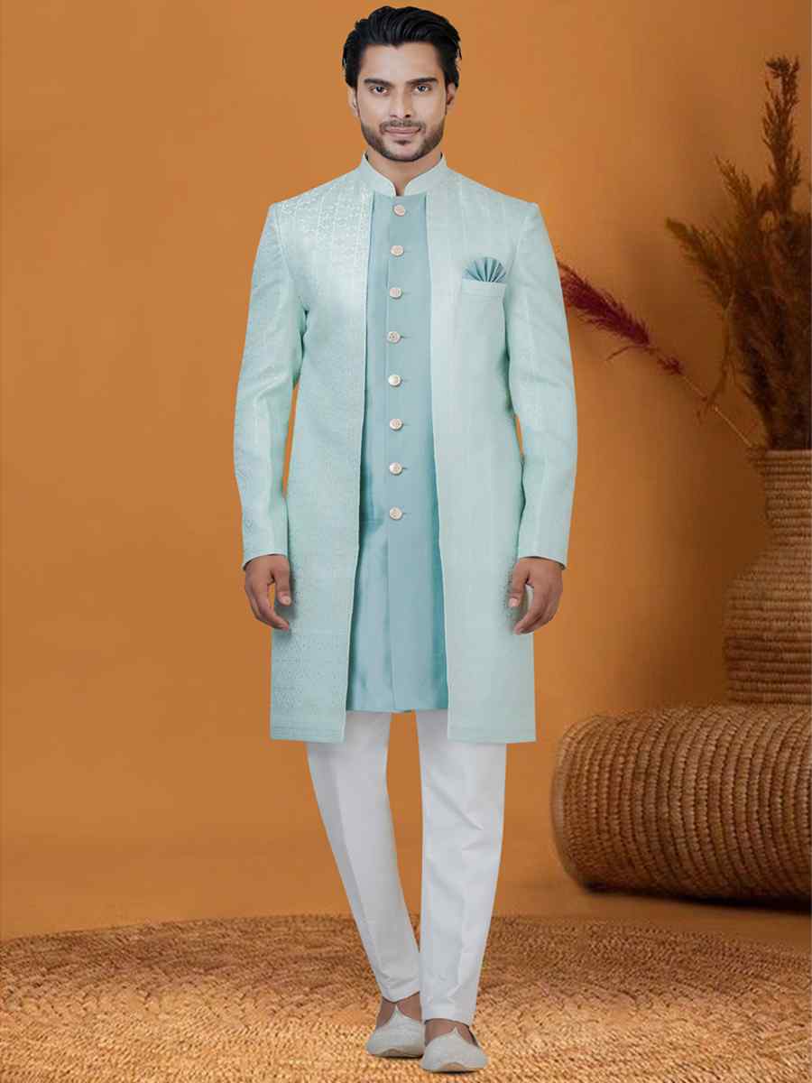 Sky Jacquard Silk Woven Groom Wedding Sherwani