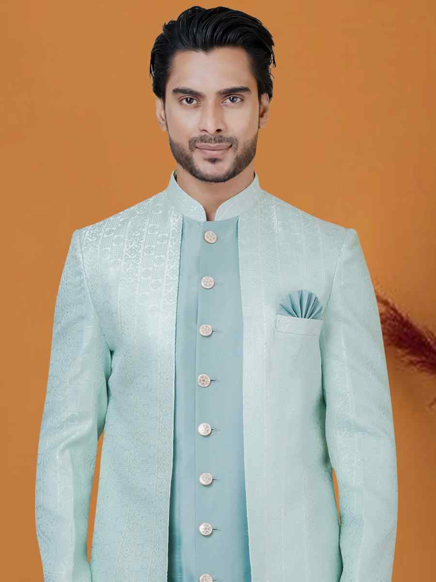 Sky Jacquard Silk Woven Groom Wedding Sherwani
