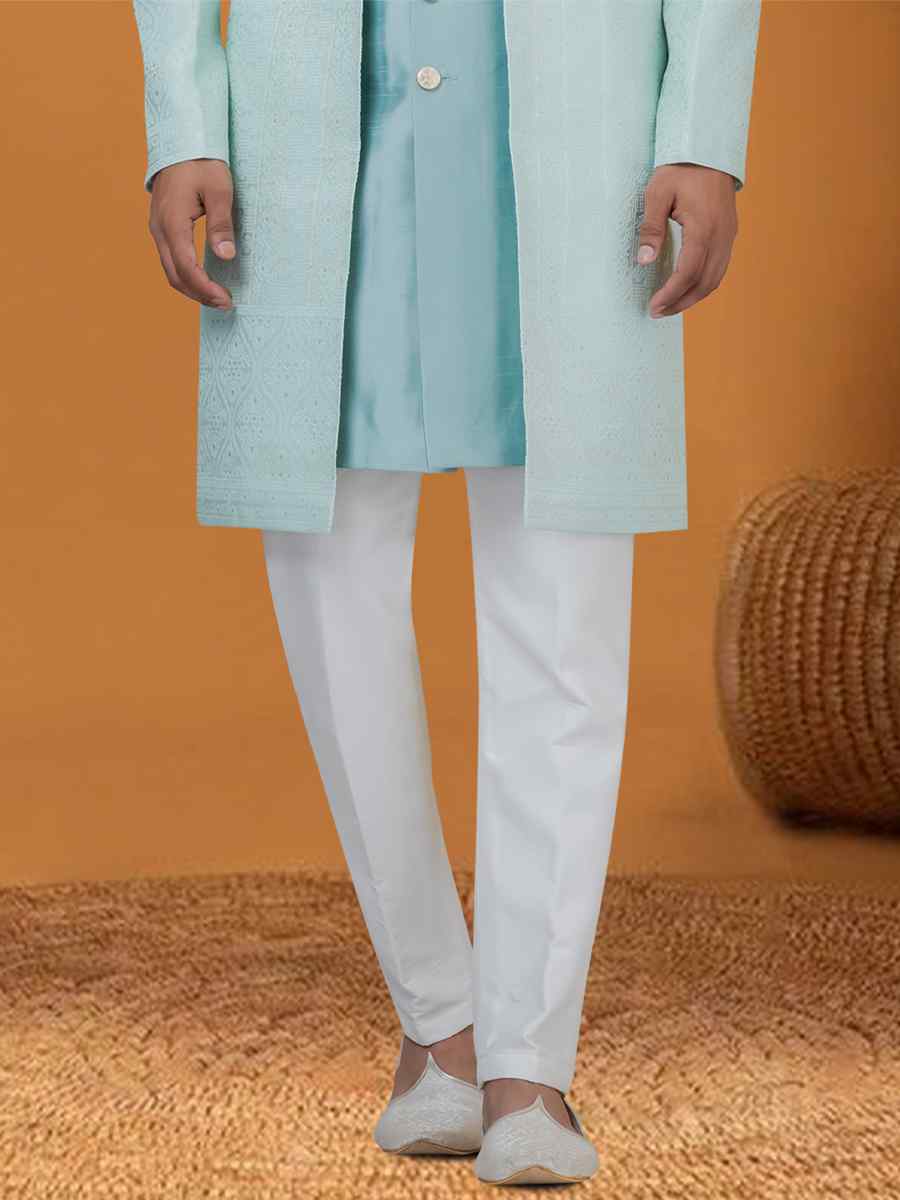Sky Jacquard Silk Woven Groom Wedding Sherwani