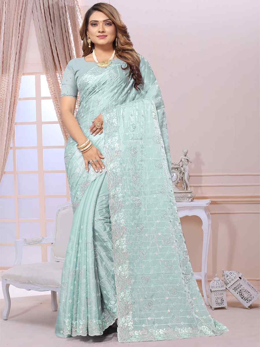 Sky Jimmy Choo Silk Embroidery Party Reception Heavy Border Saree