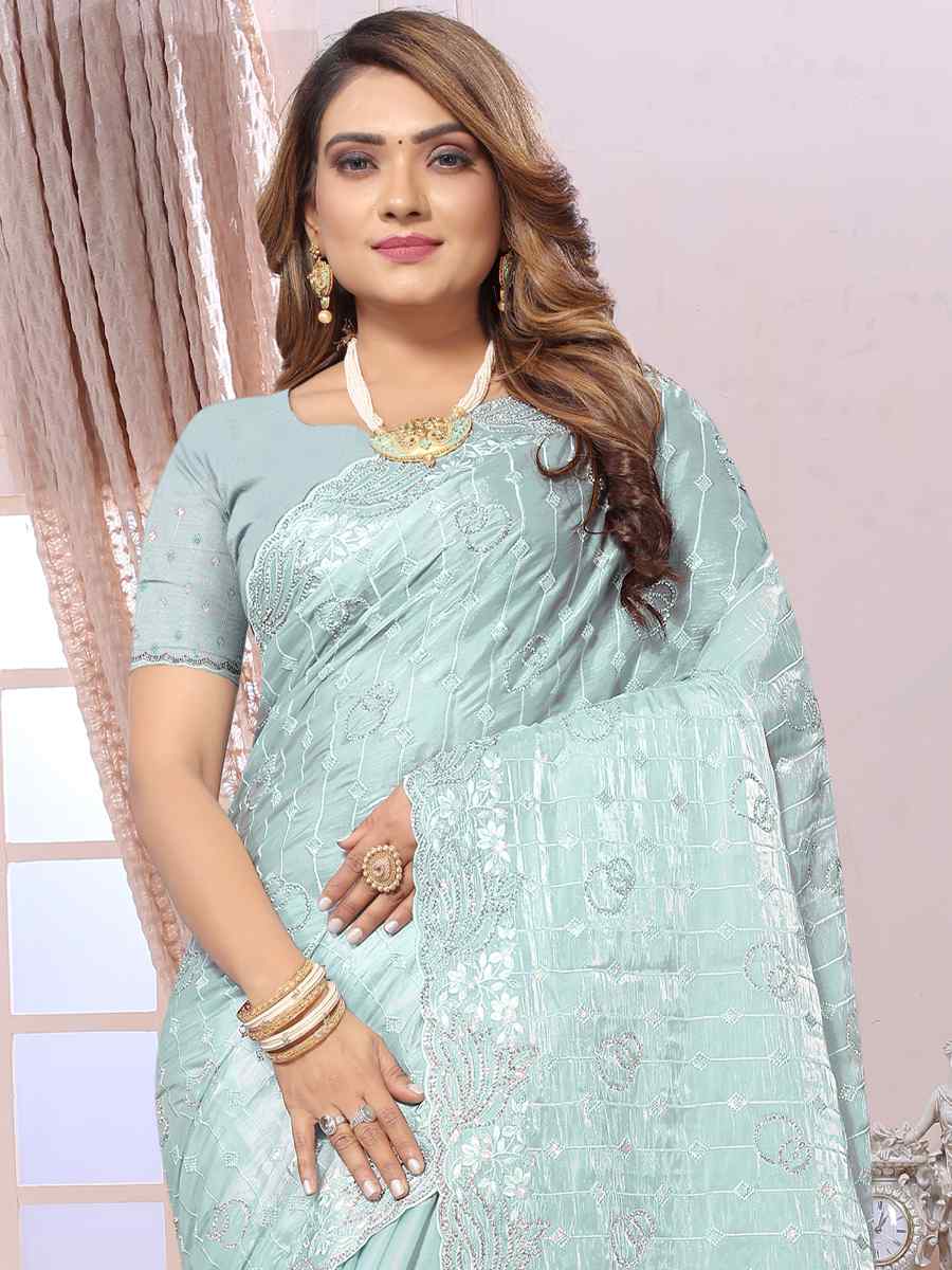 Sky Jimmy Choo Silk Embroidery Party Reception Heavy Border Saree