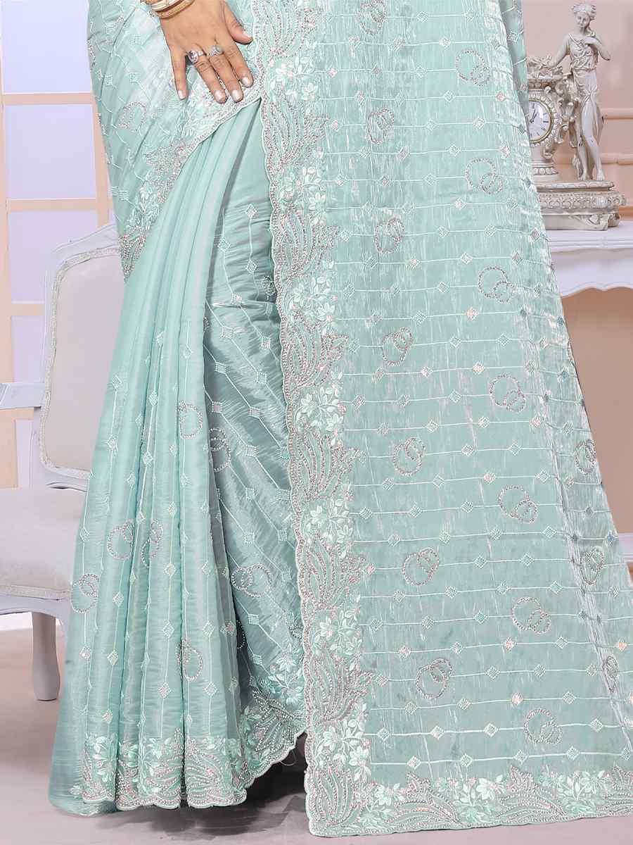 Sky Jimmy Choo Silk Embroidery Party Reception Heavy Border Saree