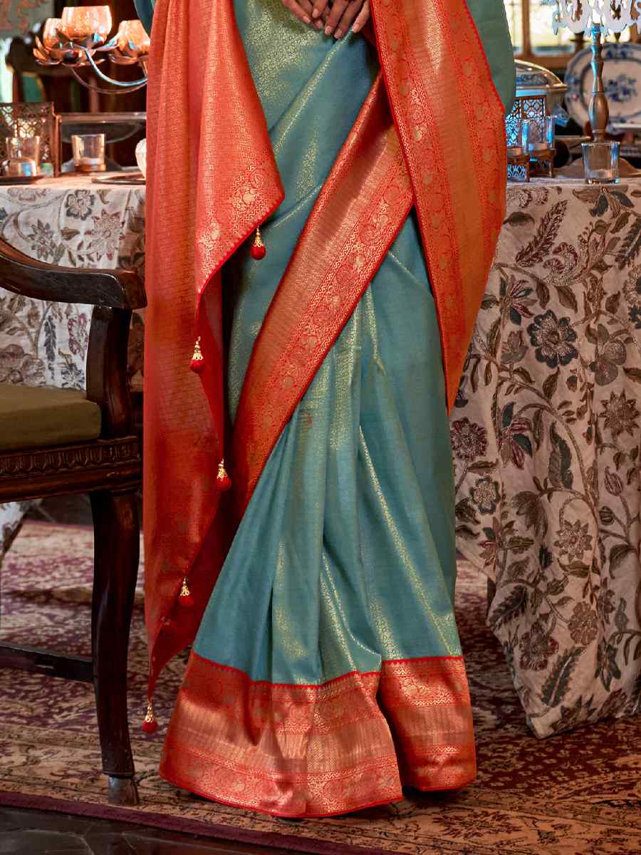 Sky Kanjivaram Silk Handwoven Wedding Festival Heavy Border Saree