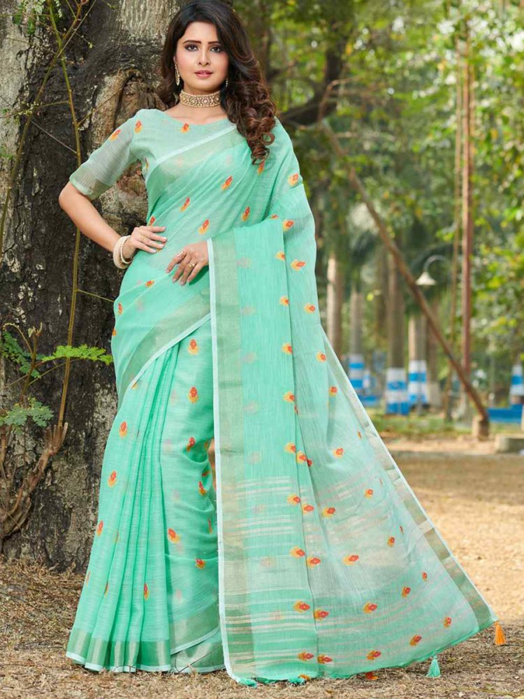 Sky Linen Handwoven Wedding Festival Heavy Border Saree