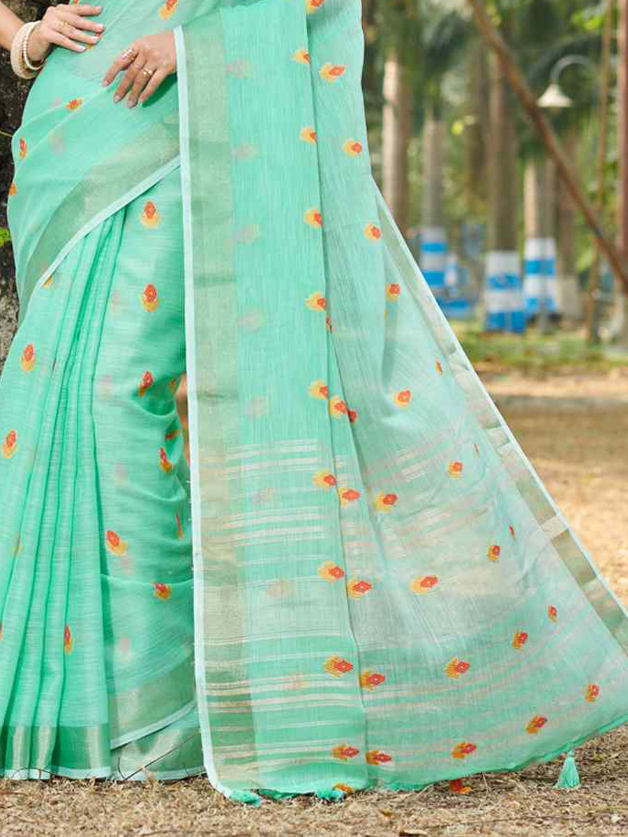 Sky Linen Handwoven Wedding Festival Heavy Border Saree