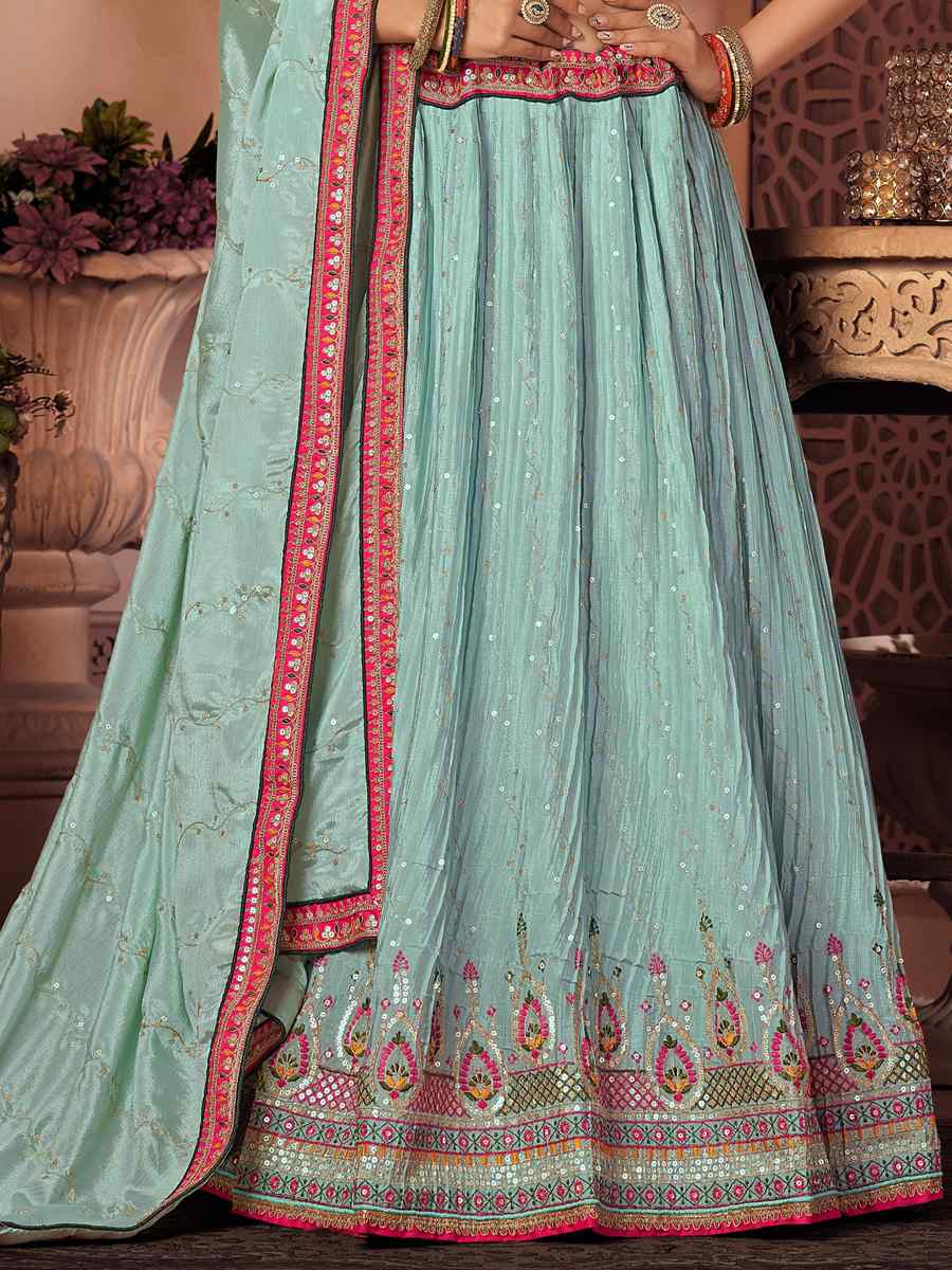 Sky Malai Satin Embroidered Festival Wedding Heavy Border Lehenga Choli