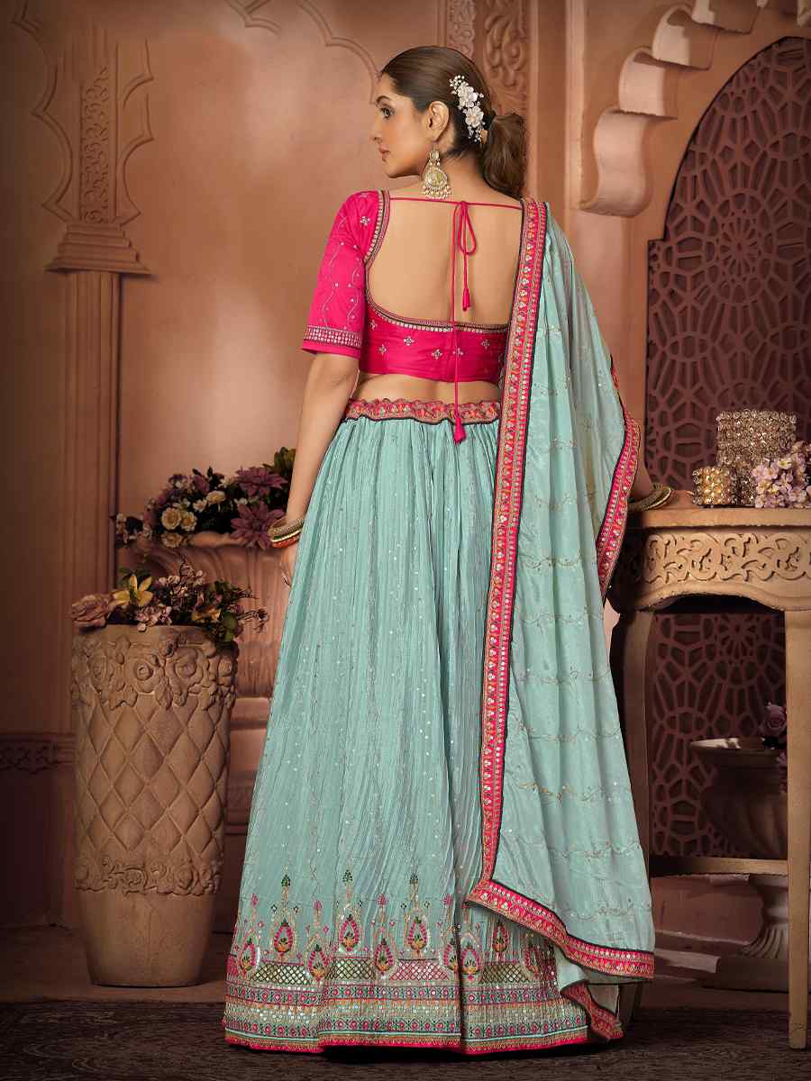 Sky Malai Satin Embroidered Festival Wedding Heavy Border Lehenga Choli