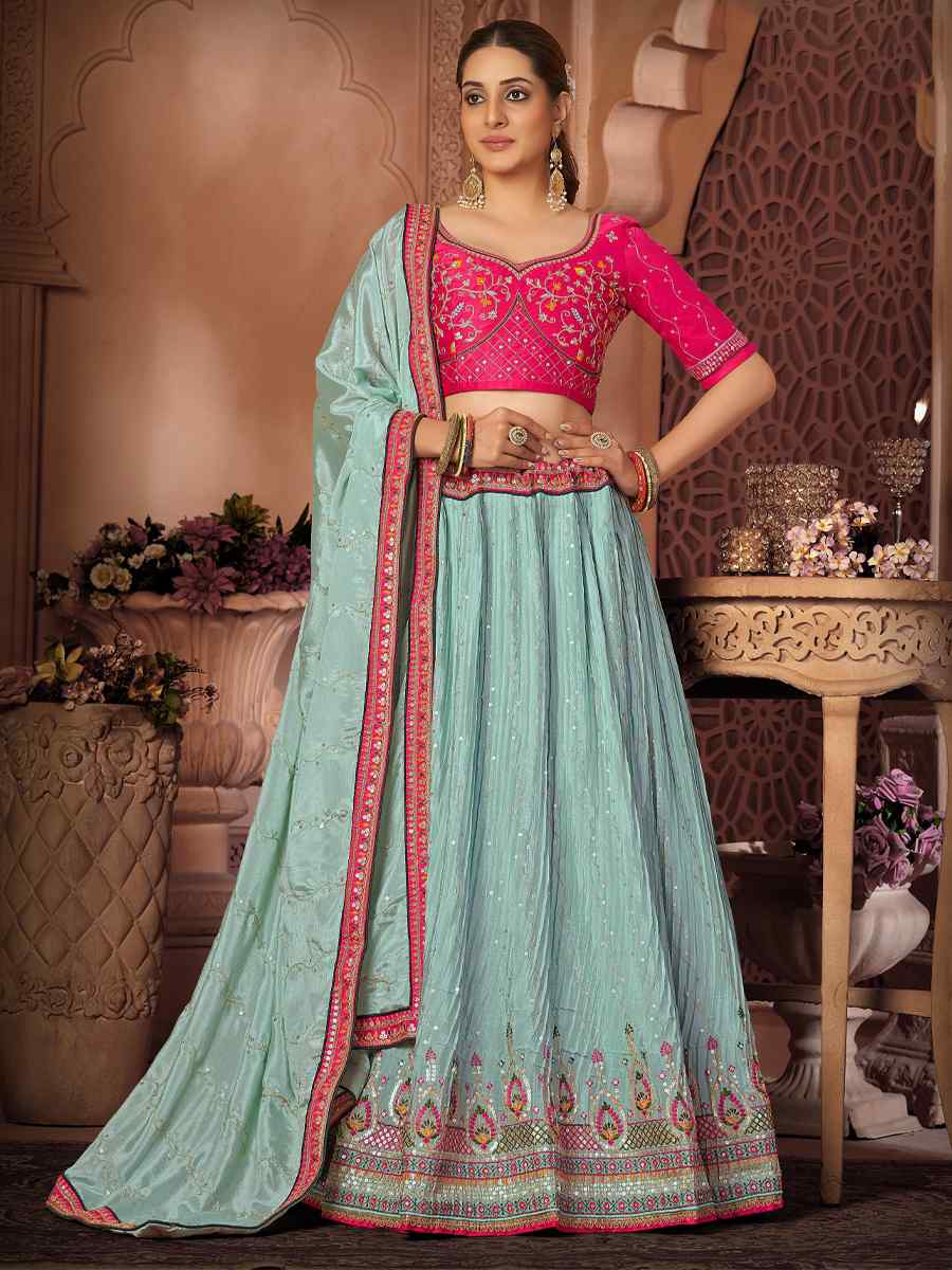 Sky Malai Satin Embroidered Festival Wedding Heavy Border Lehenga Choli