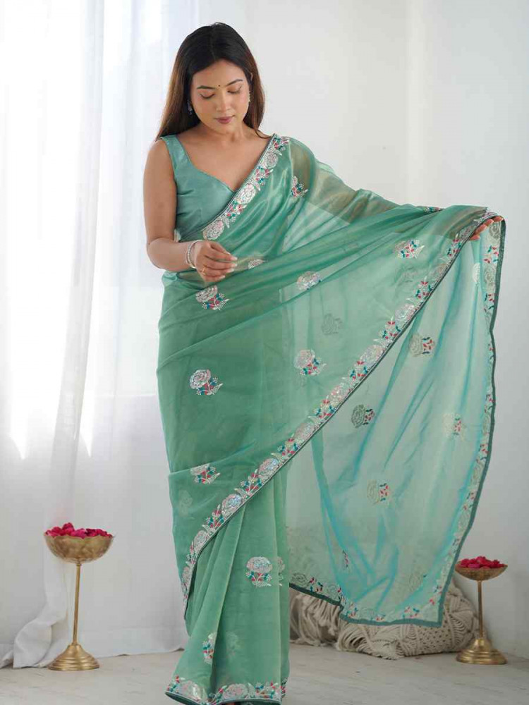 Sky Organza Embroidered Festival Wedding Fancy Heavy Border Saree
