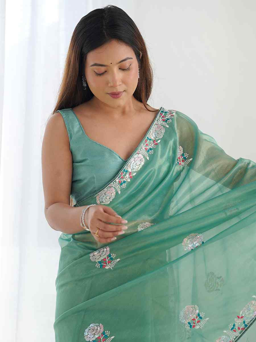 Sky Organza Embroidered Festival Wedding Fancy Heavy Border Saree