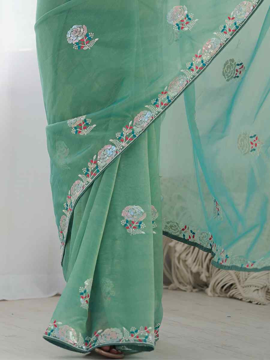 Sky Organza Embroidered Festival Wedding Fancy Heavy Border Saree