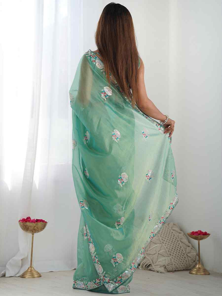 Sky Organza Embroidered Festival Wedding Fancy Heavy Border Saree