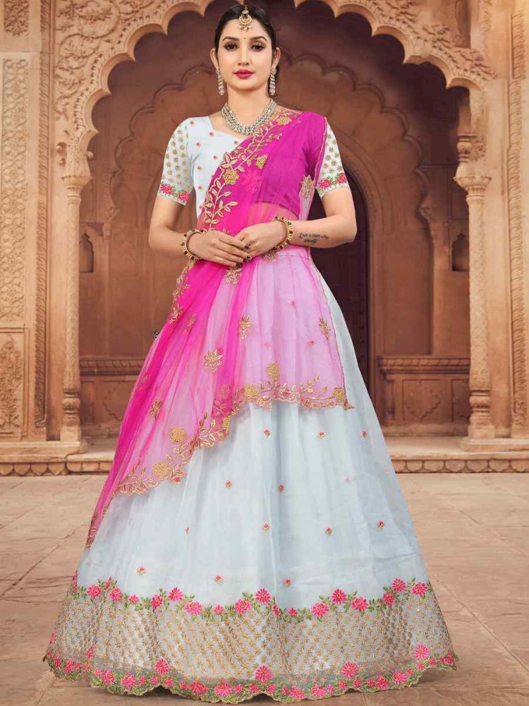 Sky Organza Embroidered Festival Wedding Heavy Border Lehenga Choli