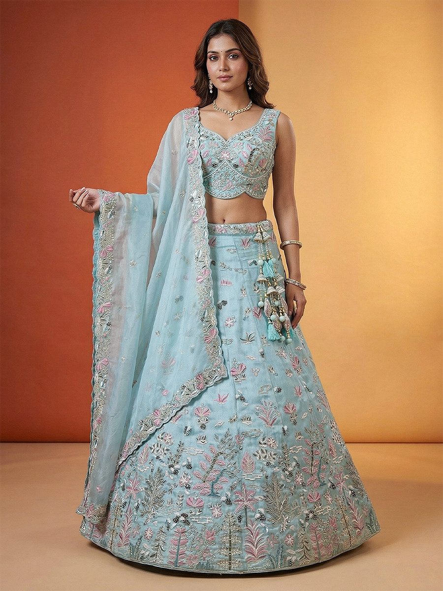 Sky Organza Embroidery Wedding Reception Party Festival Heavy Border Lehenga Choli