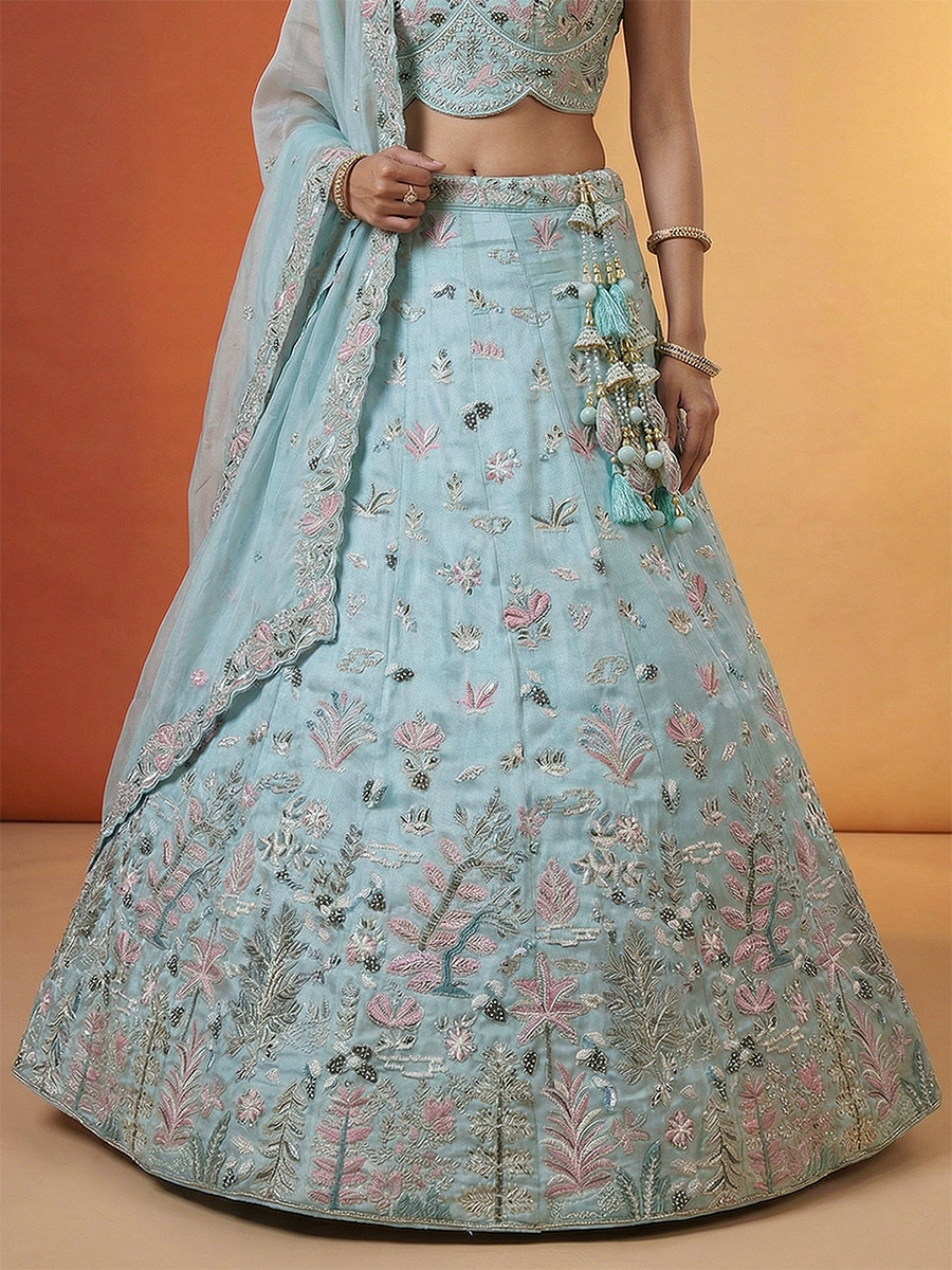 Sky Organza Embroidery Wedding Reception Party Festival Heavy Border Lehenga Choli