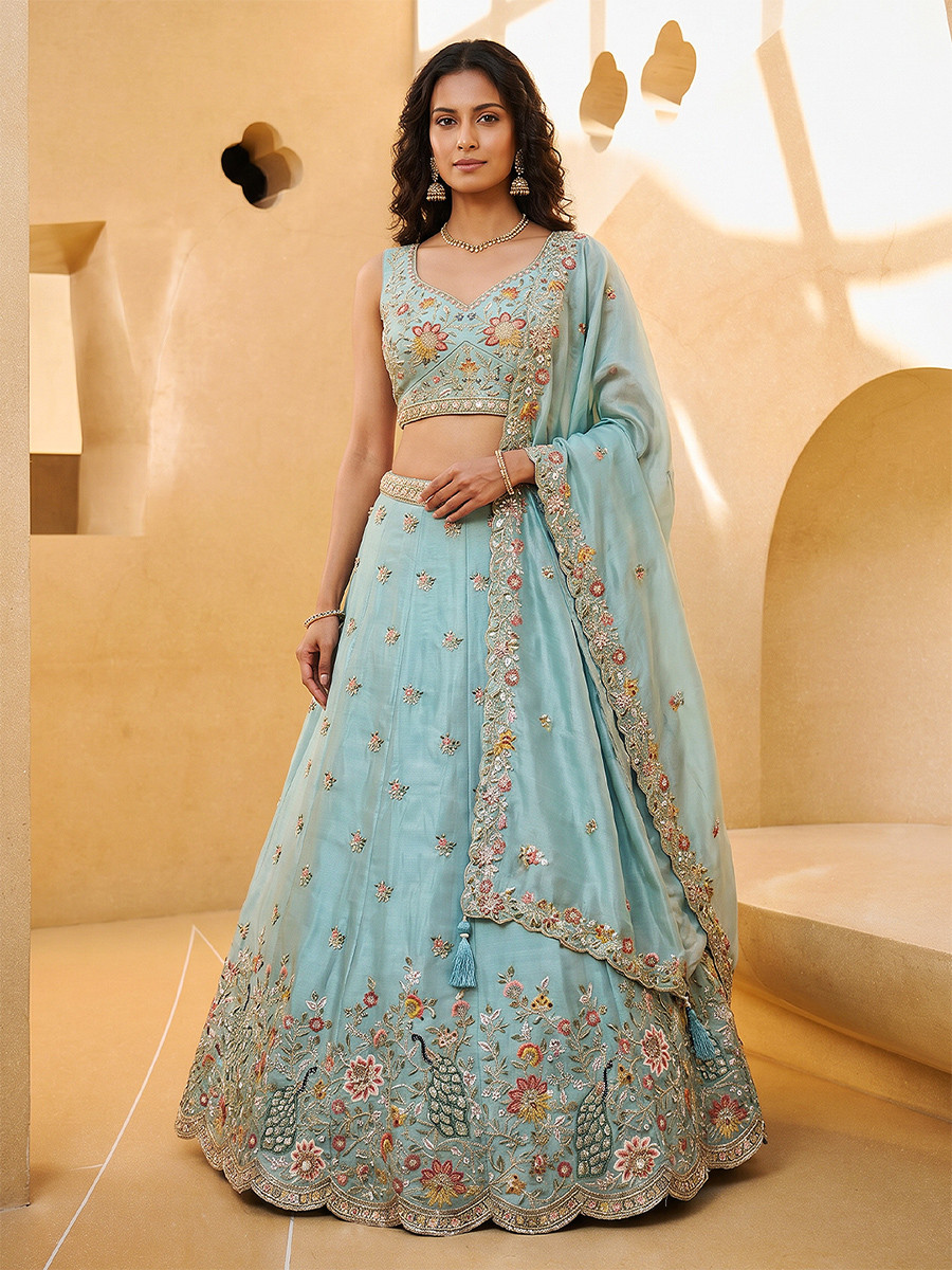 Sky Organza Embroidery Wedding Reception Party Festival Heavy Border Lehenga Choli