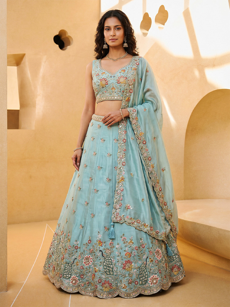Image of Sky Organza Embroidery Wedding Reception Party Festival Heavy Border Lehenga Choli