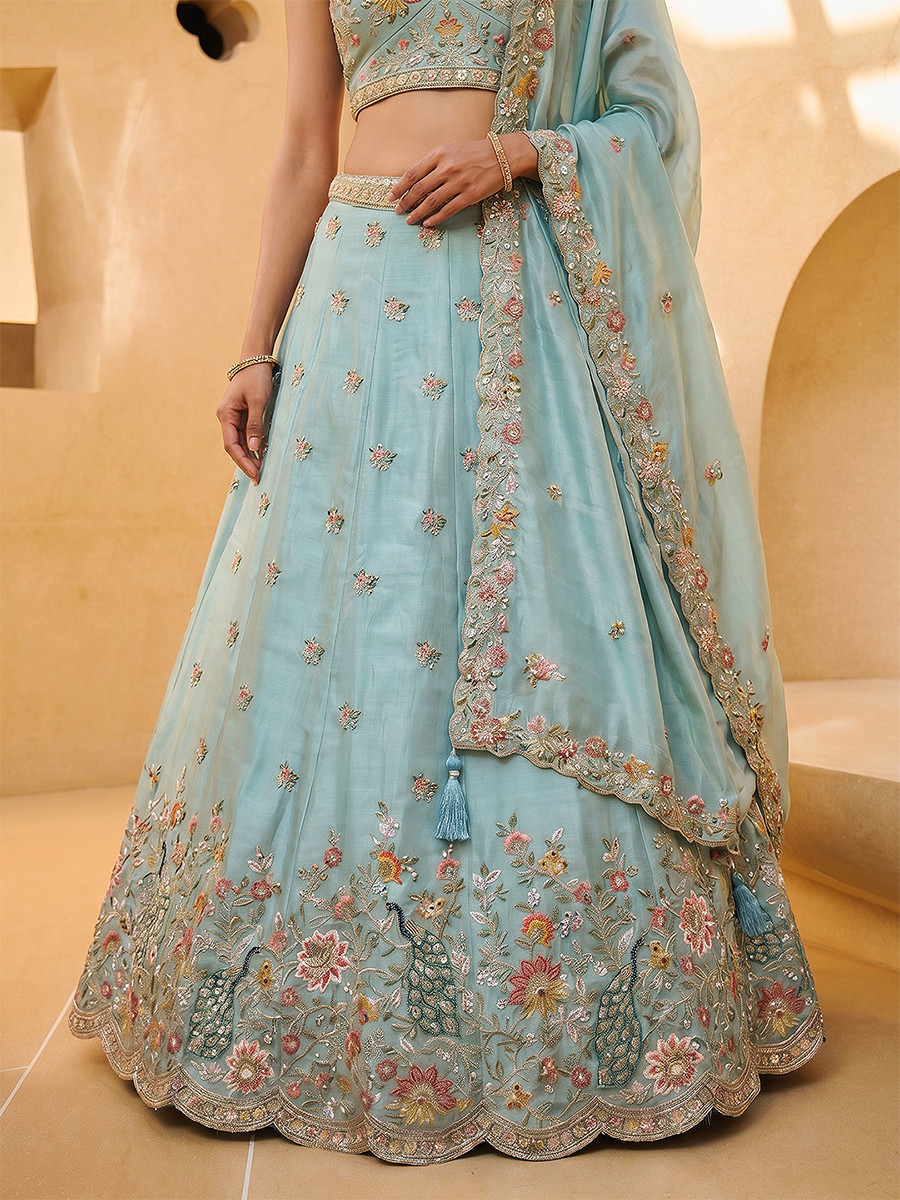 Sky Organza Embroidery Wedding Reception Party Festival Heavy Border Lehenga Choli