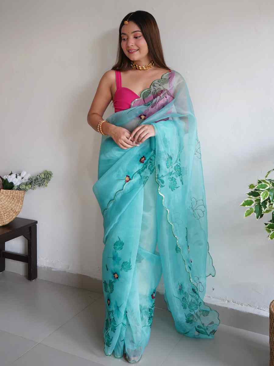 Sky Organza Handwoven Party Festival Classic Style Saree