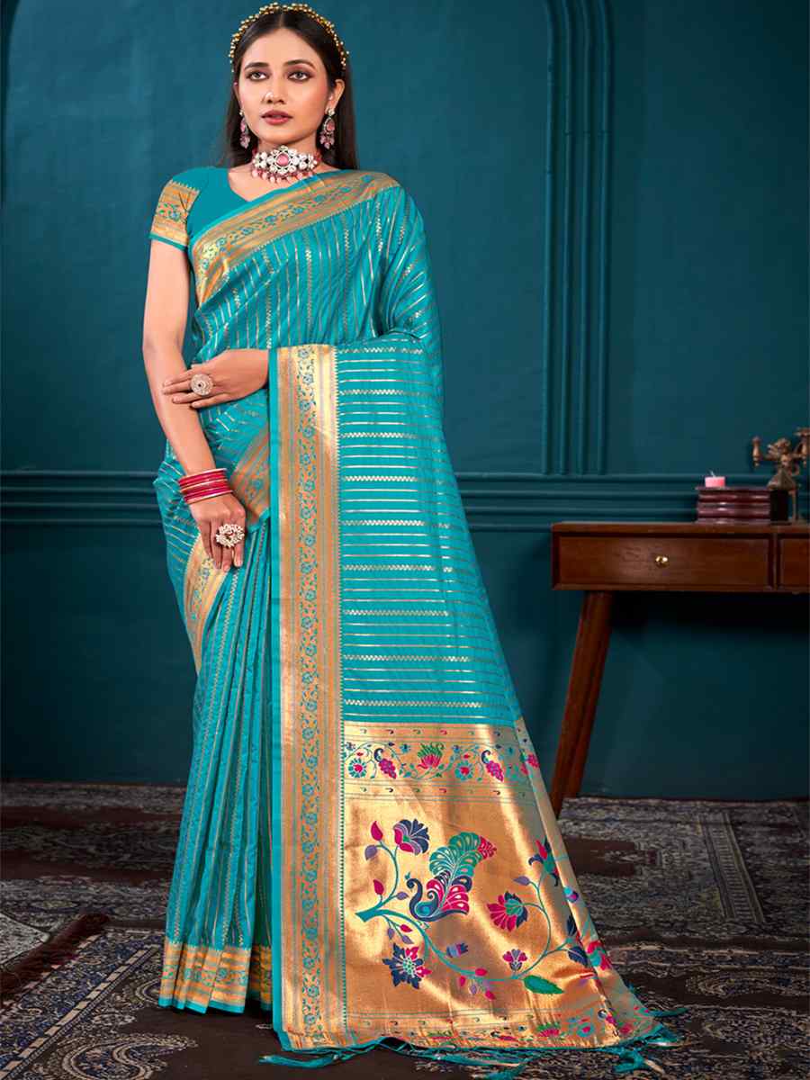Sky Paithani Silk Handwoven Wedding Festival Heavy Border Saree