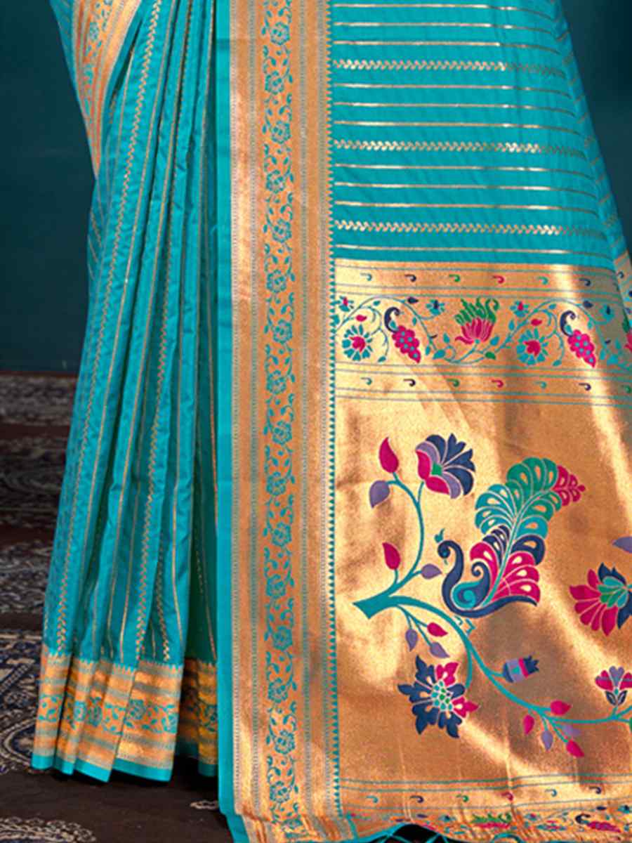 Sky Paithani Silk Handwoven Wedding Festival Heavy Border Saree