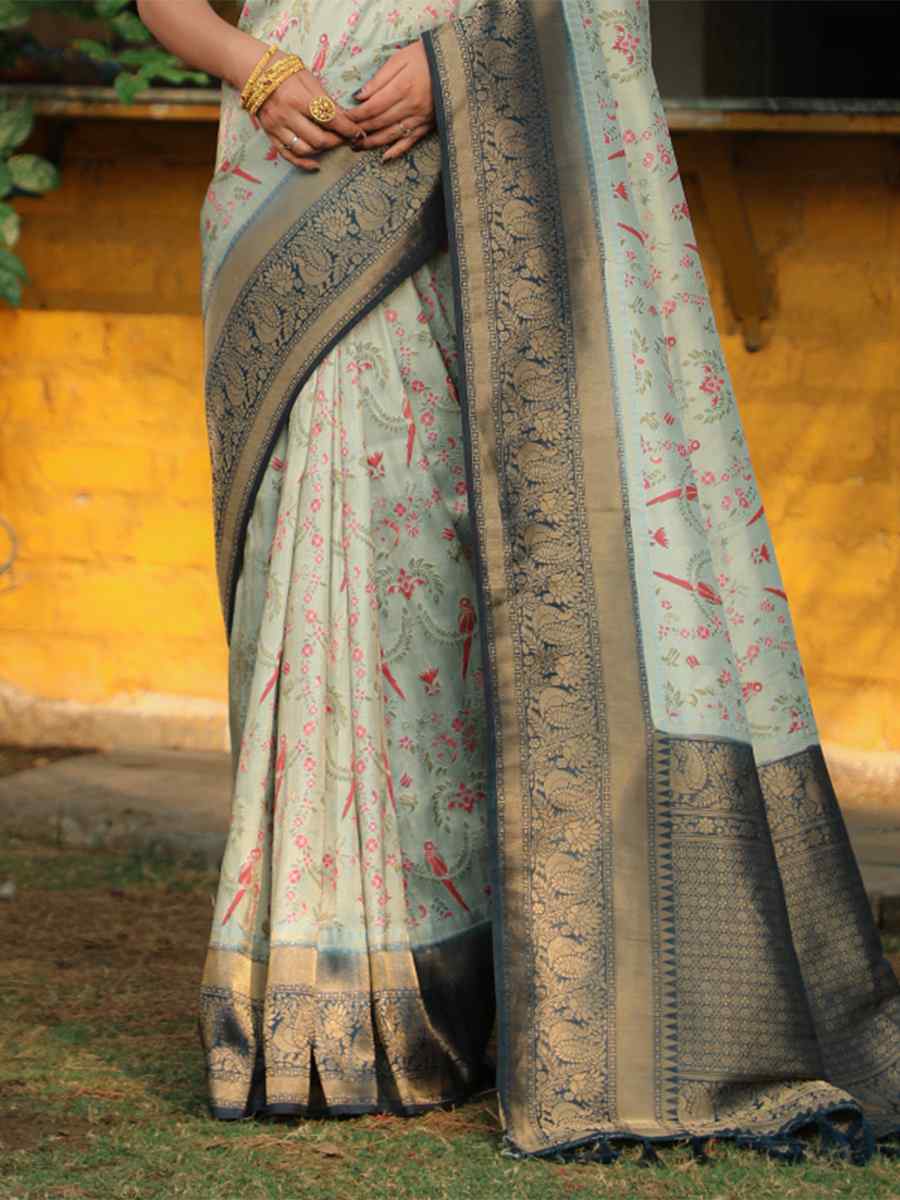 Sky Pure Kanjivaram Soft Silk Handwoven Wedding Festival Heavy Border Saree