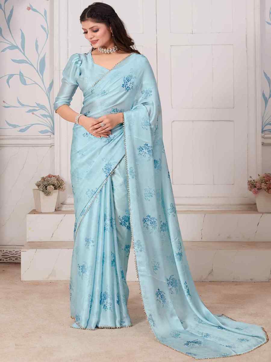 Sky Pure Satin Printed Casual Festival Contemporary Saree