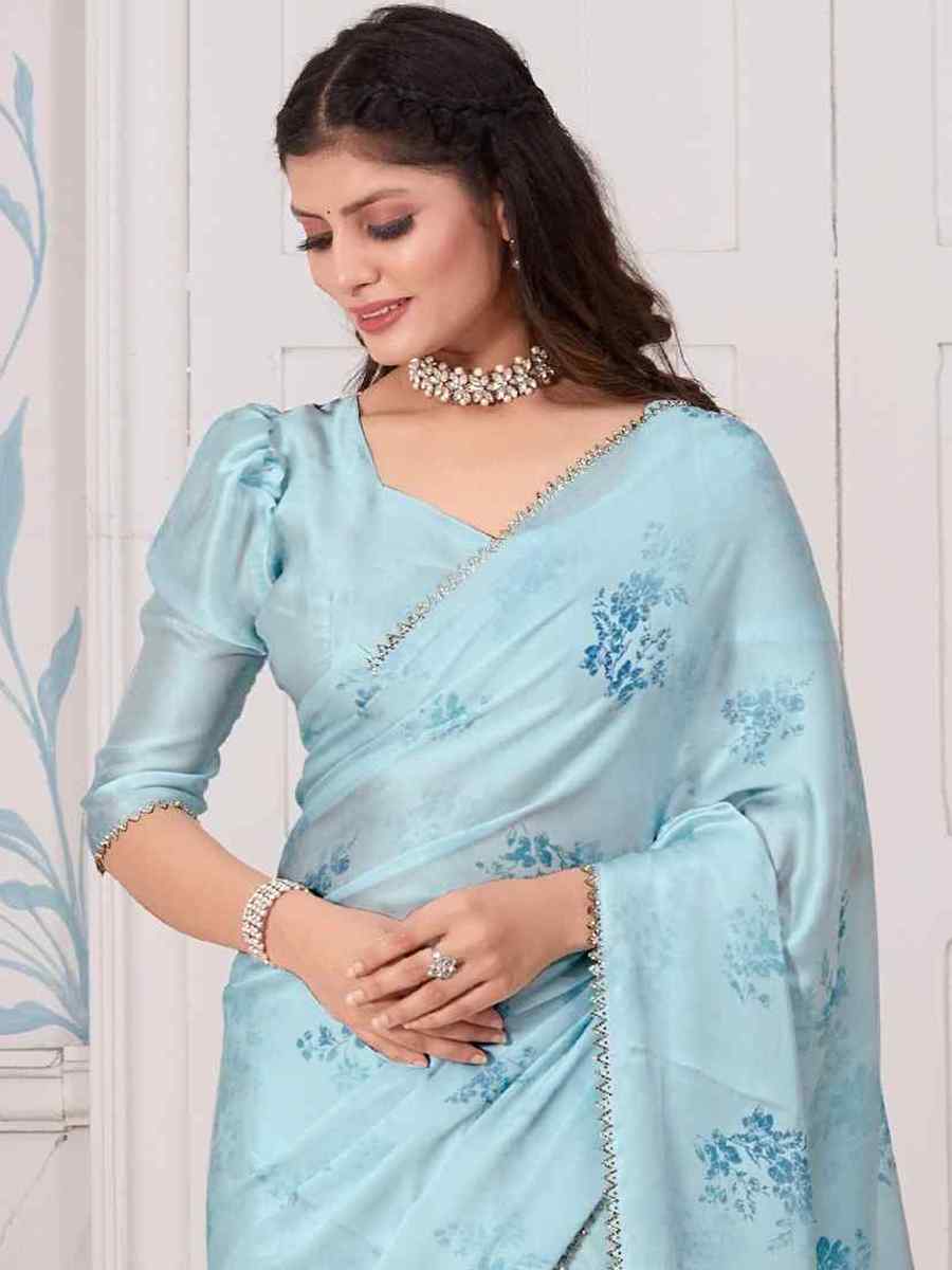 Sky Pure Satin Printed Casual Festival Contemporary Saree